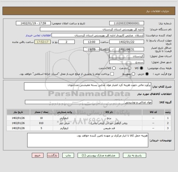استعلام برآورد مالی جهت هزینه کرد اعتبار مواد غذایی بسته معیشتی مددجویان