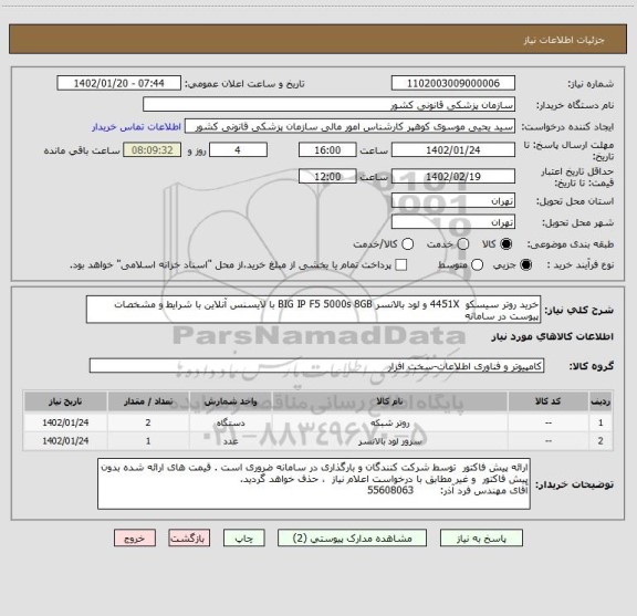 استعلام خرید روتر سیسکو  4451X و لود بالانسر BIG IP F5 5000s 8GB با لایسنس آنلاین با شرایط و مشخصات پیوست در سامانه