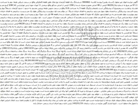 مزایده ششدانگ یک قطعه آپارتمان نوع ملک طلق قطعه 6تفکیکی 