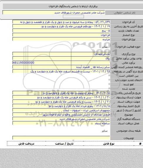 مزایده, فروش تعدادی از اراضی مسکونی واقع در ایثار ۵ فولادشهر