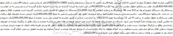 آگهی مزایده یک دستگاه خودرو ام وی ام 315 مدل 96