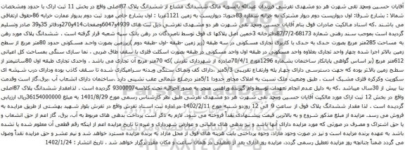 آگهی مزایده ششدانگ مشاع از ششدانگ پلاک 87اصلی واقع در بخش 11 ثبت