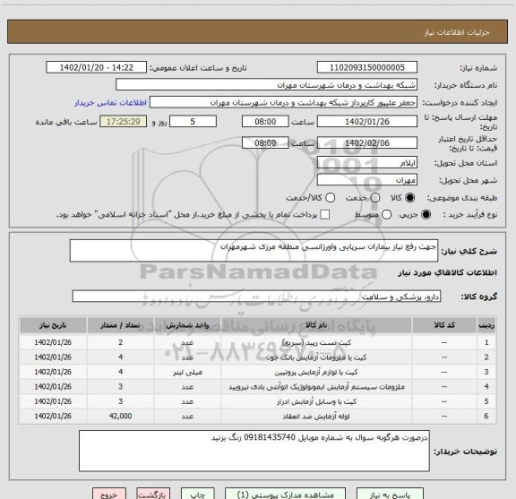 استعلام جهت رفع نیاز بیماران سرپایی واورژانسی منطقه مرزی شهرمهران