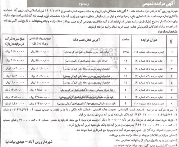 آگهی مزایده عمومی واگذاری اجاره عرصه تعداد ۸ دکه تجاری نوبت سوم