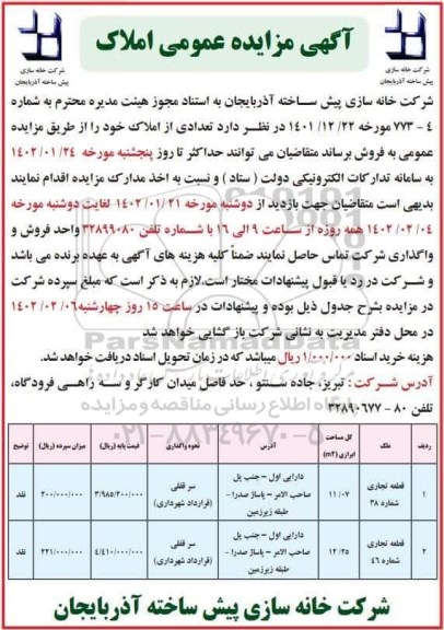 مزایده فروش تعدادی از املاک