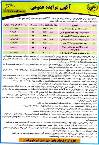 مزایده اجاره جایگاه های سوخت CNG در سطح شهر