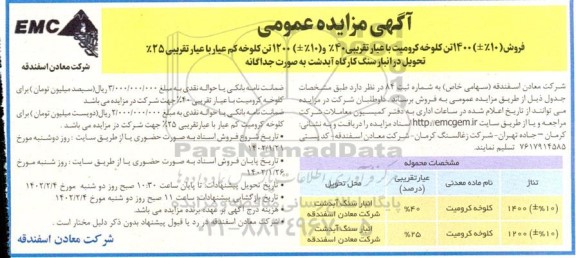 مزایده فروش (%10±) 1400 تن کلوخه کرومیت