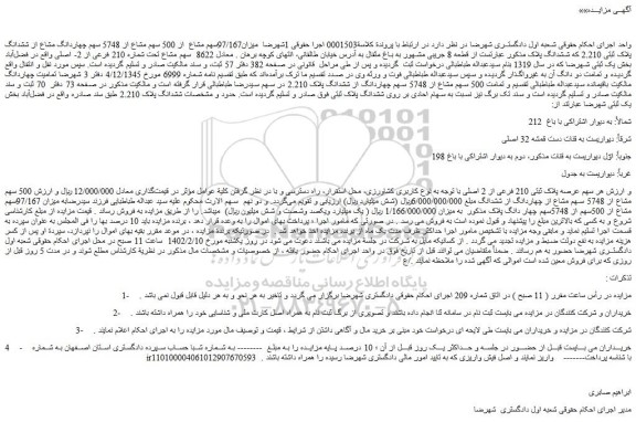 مزایده فروش میزان97/167سهم مشاع  از 500 سهم مشاع از 5748 سهم چهاردانگ مشاع از ششدانگ پلاک ثبتی 2.210 