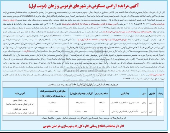 مزایده اراضی مسکونی