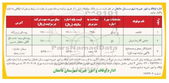 مزایده واگذاری به اجاره ششدانگ موقوفات  ـ مرحله دوم