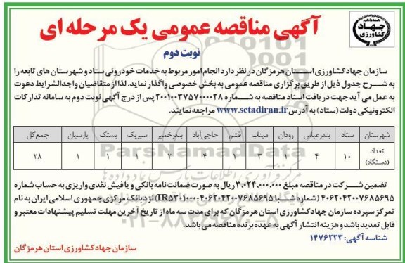 مناقصه امور خدمات خودرویی ستاد و شهرستانهای تابعه 