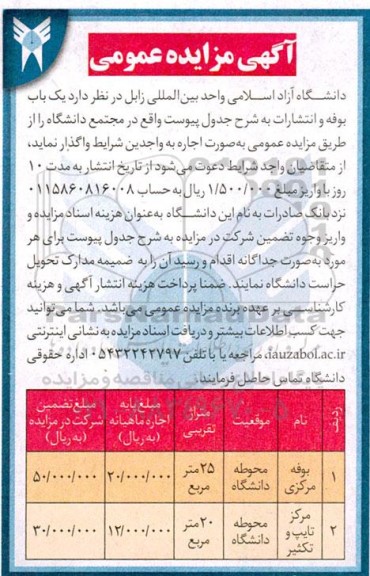 مزایده یک باب بوفه و انتشارات 