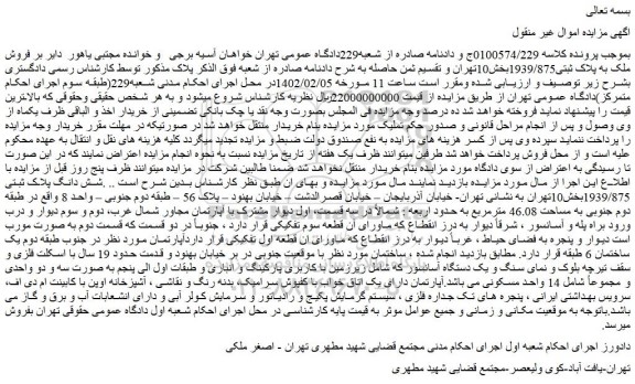 مزایده فروش ملک به پلاک ثبتی1939/875