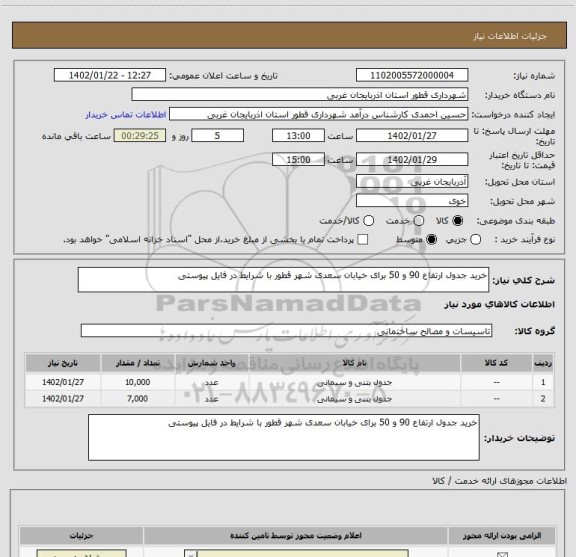 استعلام خرید جدول ارتفاع 90 و 50 برای خیابان سعدی شهر قطور با شرایط در فایل پیوستی