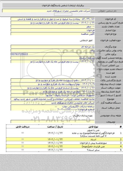مناقصه, تجدید مناقصه حفاظت فیزیکی٬ انتظامات و گشت محدوده قانونی شهر جدید بینالود