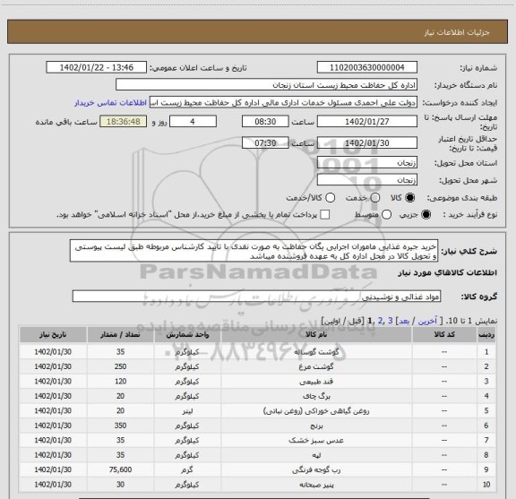 استعلام خرید جیره غذایی ماموران اجرایی یگان حفاظت به صورت نقدی با تایید کارشناس مربوطه طبق لیست پیوستی و تحویل کالا در محل اداره کل به عهده فروشنده میباشد