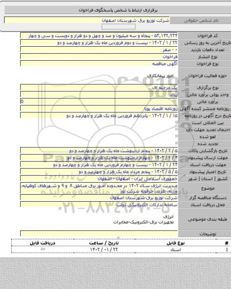 مناقصه, مدیریت انرژی سال ۱۴۰۲ در محدوده امور برق مناطق ۸ و ۹  و شهرهای کوهپایه، ورزنه، هرند، جرقویه شرکت توز