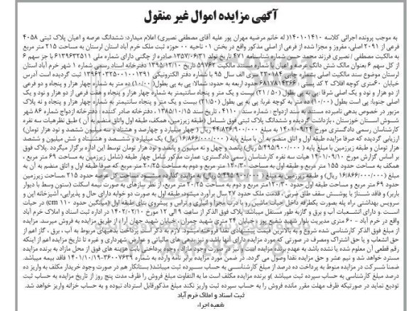 مزایده ششدانگ عرصه و اعیان پلاک ثبتی 4058 فرعی از 2091 اصلی