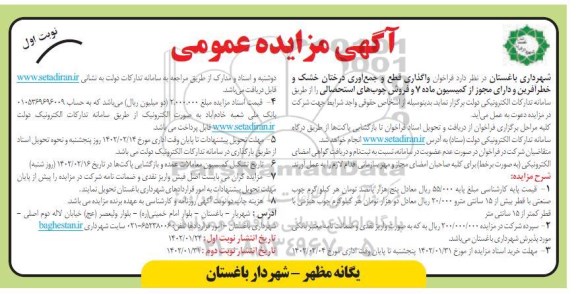 مزایده عمومی فراخوان واگذاری قطع و جمع آوری درختان خشک و خطرآفرین 