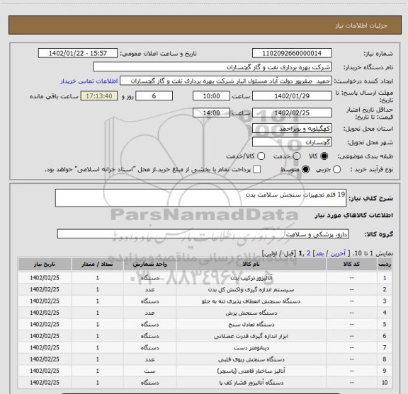 استعلام 19 قلم تجهیزات سنجش سلامت بدن