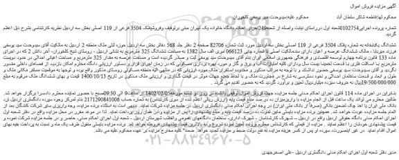 مزایده ششدانگ یکبابخانه به شماره پلاک 3504 فرعی از 119 اصلی بخش سه