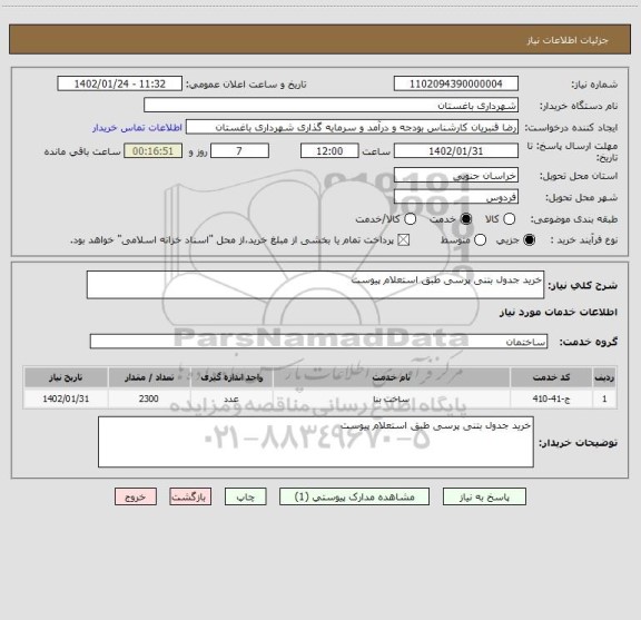 استعلام خرید جدول بتنی پرسی طبق استعلام پیوست