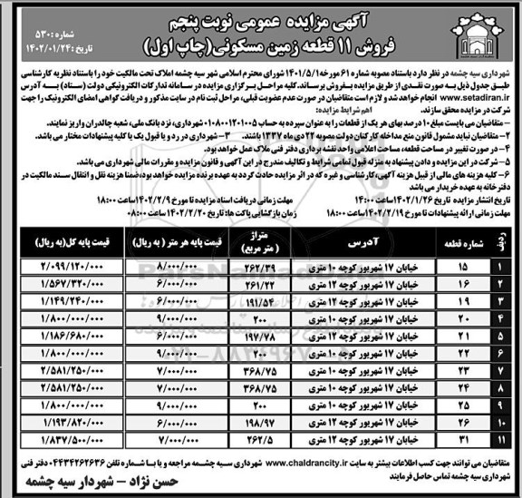 مزایده فروش 11 قطعه زمین مسکونی