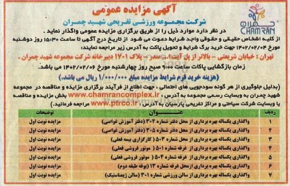 مزایده واگذاری یکساله بهره برداری از محل دفتر شماره 304...