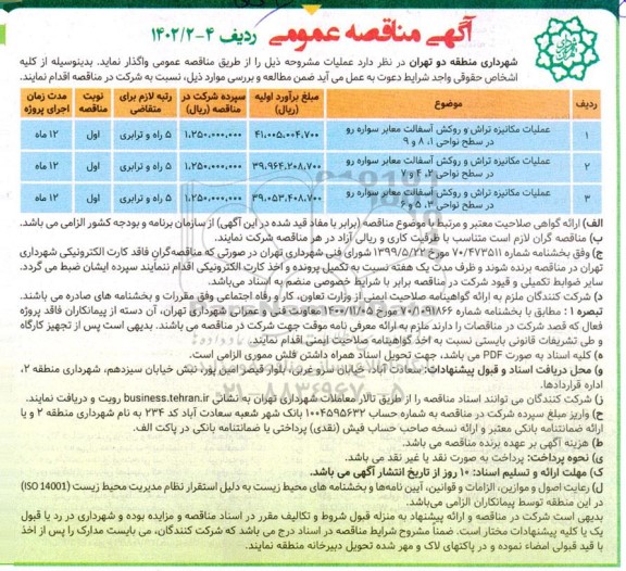مناقصه عملیات مکانیزه تراش و روکش آسفالت معابر سواره رو 