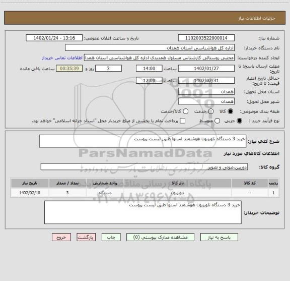 استعلام خرید 3 دستگاه تلویزیون هوشمند اسنوا طبق لیست پیوست