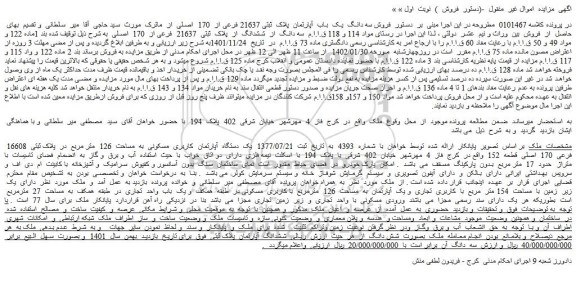 مزایده فروش سه دانگ از ششدانگ از پلاک ثبتی 21637 فرعی از 170 اصلی