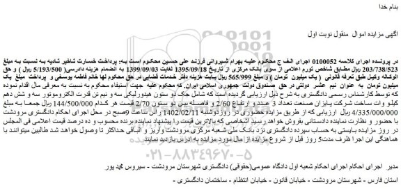 مزایده فروش جک دو ستون هیدورلیکی سه و نیم تن قدرت الکتروموتور سه و شش دهم کیلو وات