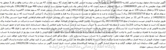 آگهی مزایده تعداد 47 سهم معادل 47 متر بنا در حال ساخت