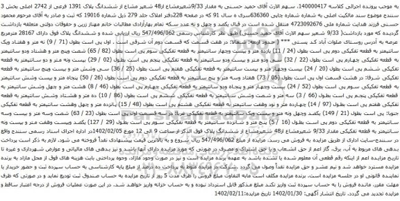 آگهی مزایده مقدار 9/33شعیرمشاع از48 شعیر مشاع از ششدانگ پلاک 1391 فرعی از 2742 اصلی