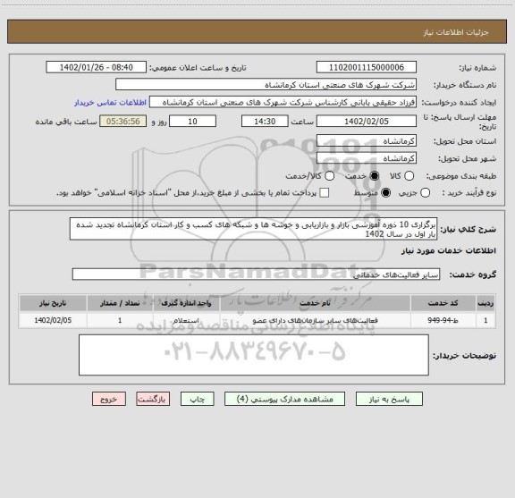 استعلام برگزاری 10 ذوره آموزشی بازار و بازاریابی و خوشه ها و شبکه های کسب و کار استان کرمانشاه تجدید شده بار اول در سال 1402