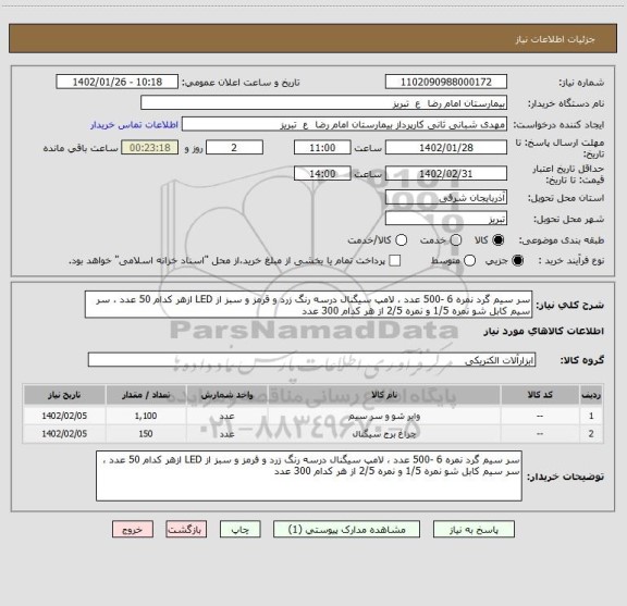 استعلام سر سیم گرد نمره 6 -500 عدد ، لامپ سیگنال درسه رنگ زرد و قرمز و سبز از LED ازهر کدام 50 عدد ، سر سیم کابل شو نمره 1/5 و نمره 2/5 از هر کدام 300 عدد