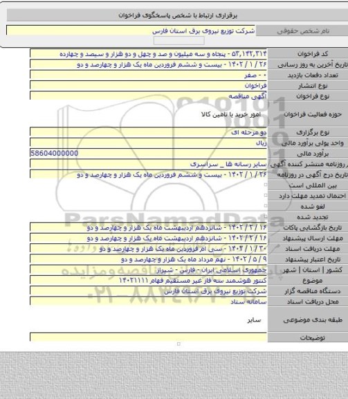 مناقصه, کنتور هوشمند سه فاز غیر مستقیم فهام ۱۴۰۲۱۱۱۱