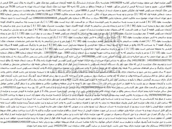 مزایده ملک با پلاک ثبتی 324 فرعی از 6806 اصلی
