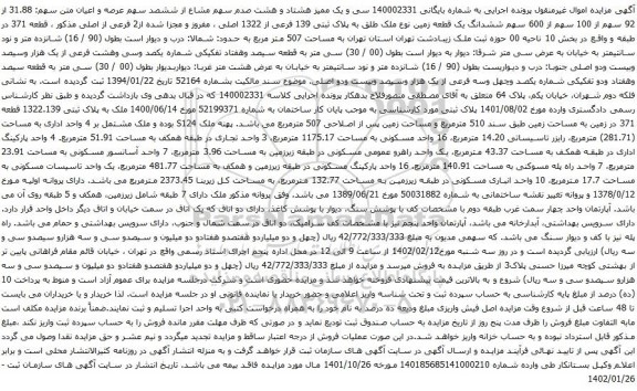 آگهی مزایده سی و یک ممیز هشتاد و هشت صدم سهم مشاع از ششصد سهم عرصه و اعیان متن سهم: 31.88 از 92 سهم از 100 سهم از 600 سهم ششدانگ یک قطعه زمین نوع ملک