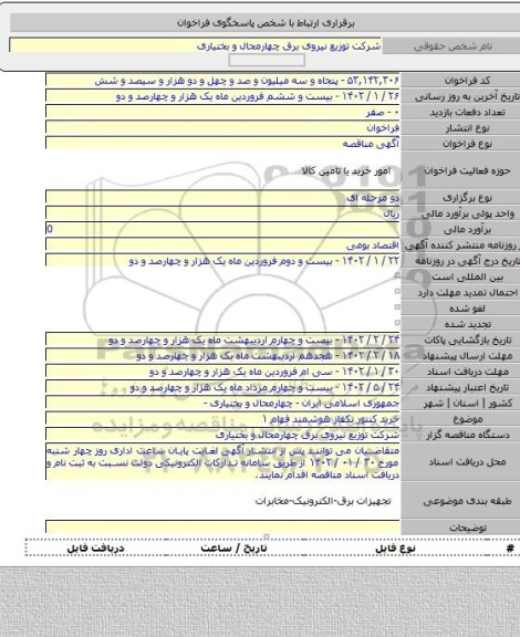 مناقصه, خرید کنتور تکفاز هوشمند فهام ۱