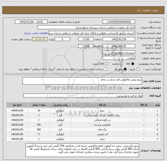 استعلام برنج روغن ماکارونی قند شکر رب چای