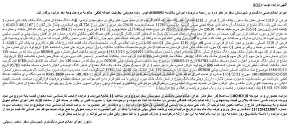 مزایده فروش یک دانگ مشاع از شش دانگ ملک پلاک ثبتی شماره 1B فرعی از 1219 اصلی