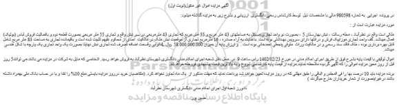 مزایده فروش ملک بصورت دو واحد تجاری مستقل به مساحتهای 43 متر مربع و 55 متر مربع