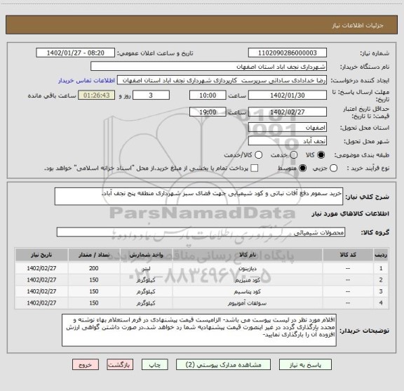 استعلام خرید سموم دفع آفات نباتی و کود شیمیایی جهت فضای سبز شهرداری منطقه پنج نجف آباد.