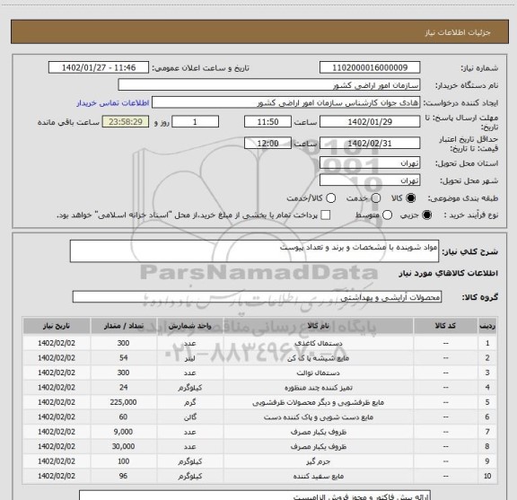 استعلام مواد شوینده با مشخصات و برند و تعداد پیوست