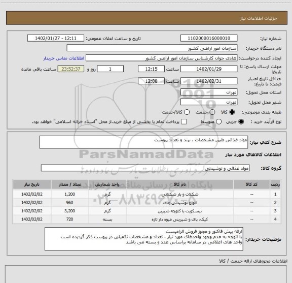 استعلام مواد غذائی طبق مشخصات ، برند و تعداد پیوست