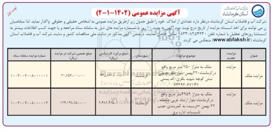 مزایده عمومی واگذاری تعدادی از املاک