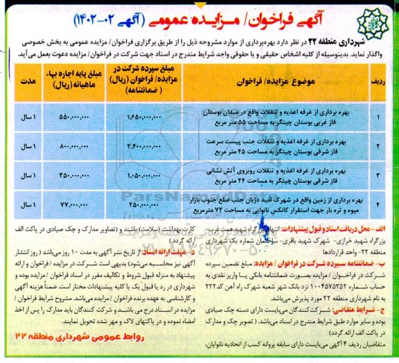مزایده بهره برداری از اغذیه و تنقلات واقع در میدان بوستان فاز غربی بوستان چیتگر به مساحت 55 مترمربع...