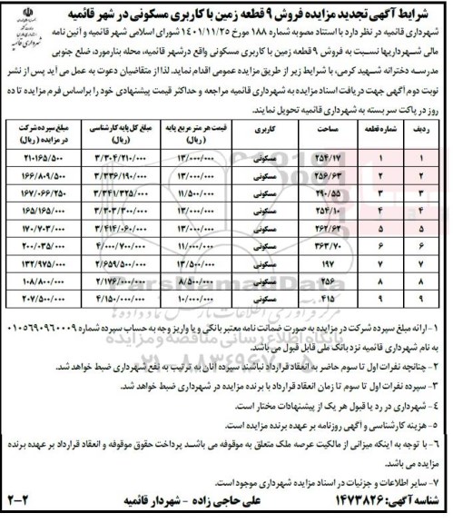 آگهی مزایده فروش 9 قطعه زمین با کاربری مسکونی در شهر قائمیه