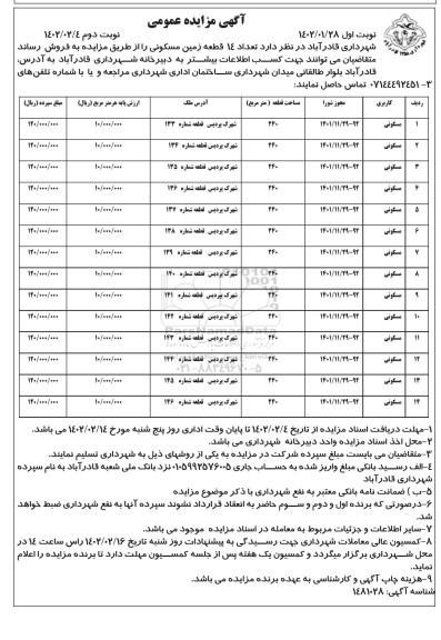 مزایده فروش  تعداد 14 قطعه زمین مسکونی 